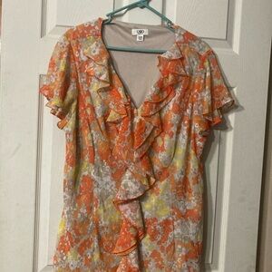 Cato Orange and Yellow Floral Ruffle V-Neck Blouse